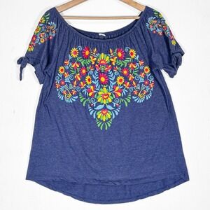 Boho Embroidered Floral Top Womens L Blue Short Sleeve Tie Cuff Peasant Blouse
